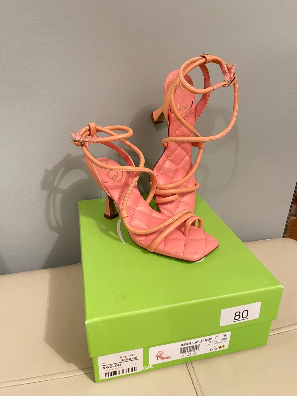 Maven by Sam Edelman Coral-Pink Strappy Sandals Leather Quilted, Low Heel sz 6.5